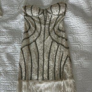 Aidan Mattox white sequin fringe mini dress 0